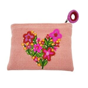Jenny Kraus Embroidered Pink Wool Pouch - Size 5.5" L x 8" W